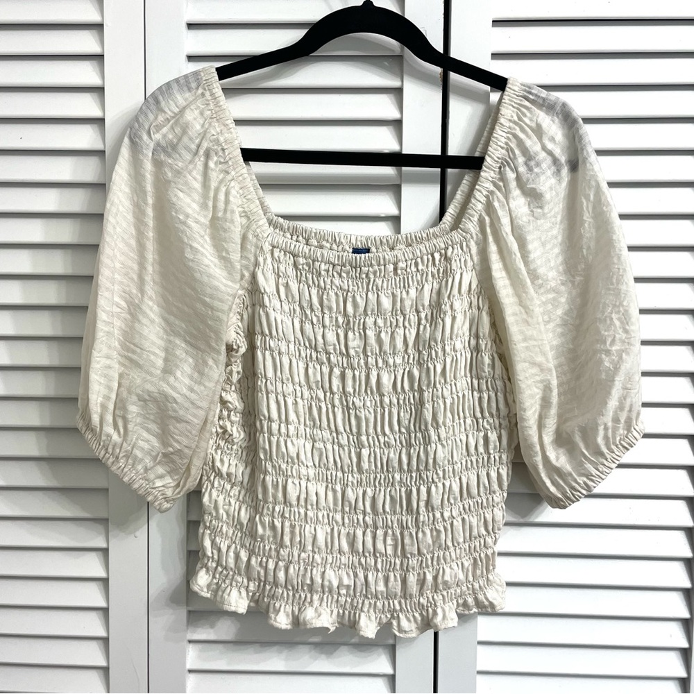 Old Navy Sz S Autumn Cream Cropped Top Blouse Fitted Puff-Sleeve Smocked Boho